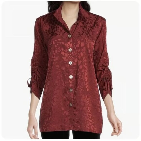 John Mark Leopard Jacquard Long Sleeve Tunic Womens Size L Boho Satin Shirt Red - Picture 1 of 9
